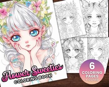 6 Flower Sweetie Girls Fantasy Anime Coloring Page, Adults + kids- Instant