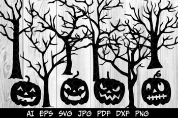 Preview of 6 Halloween Trees, 4 Pumpkin's Heads SVG