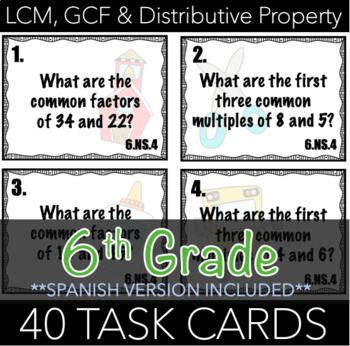 Preview of 6.NS.4 Task Cards: LCM, GCF & Distributive Property (w/ Spanish Version)