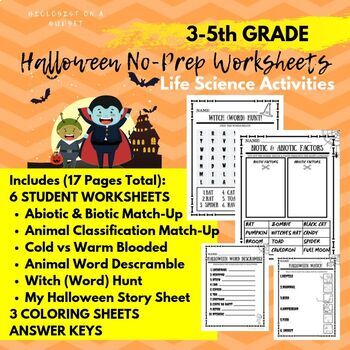 Preview of 6 No-Prep Worksheets: Halloween & Life Science