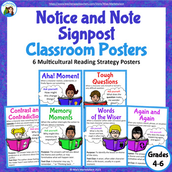 Preview of 6 Notice and Note Color Classroom Signpost Posters (Fiction)