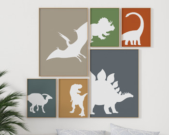 Preview of 6 Printable Watercolor Dinosaur Wall Art, Nursery Decor, Triceratops, T-Rex