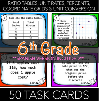 Preview of 6.RP.3 Task Cards: Solving Ratio Problems (w/ Spanish Version)