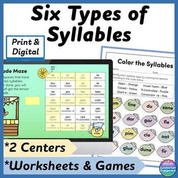 Preview of 6 Syllable Types Anchor Charts, Centers, Worksheets, Games and Assessment