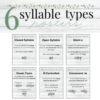 Preview of 6 Syllable Types Posters with Coding | Neutral Farmhouse Class Decor