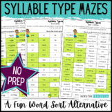6 Syllable Types Word Sort Mazes and Chart - No Prep Fun W