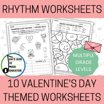 Preview of 10 Valentine's Day Rhythm Worksheets - Take Home or In Class Music Worksheets