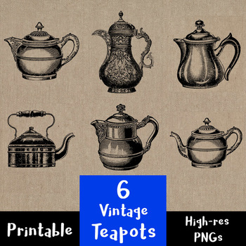 6 Vintage Teapots | Antique Tea Kettles | Teaware | Kitchen | PNG, AI, EPS