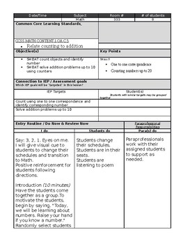 Preview of counting and addition Math Lesson plan differentiated (autism)