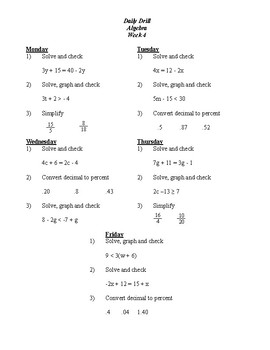 Preview of 6 weeks of ALGEBRA Daily Drills / Bell Ringers, 90 problems! with Answers