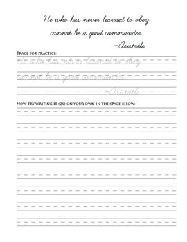 60 Advanced Cursive Practice Pages with Leadership Quotes by Erin Castillo