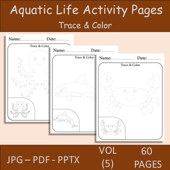 Preview of 60 Aquatic Animals coloring pages. Tracing and Coloring Pages for Sea Animals