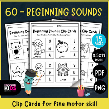 Preview of 60 Beginning Sounds Clip Cards - Color and motor skill practice!