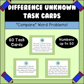 Preview of 60 "Compare" Addition/Subtraction Task Cards - Difference Unknown - #'s Up to 20