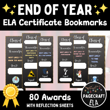60 EDITABLE End of Year ELA Certificate Bookmarks Keepsakes ELA Awards