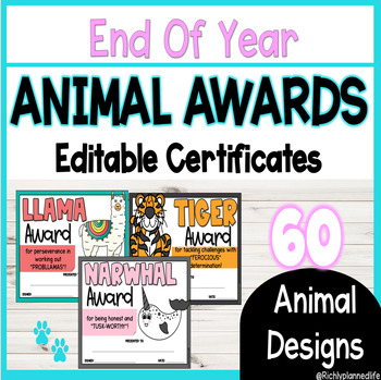 Preview of 60 End of Year Animal Award Certificates EDITABLE
