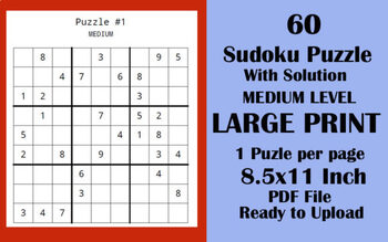 Preview of 60 Medium Level Sudoku 8.5x11 Large Print