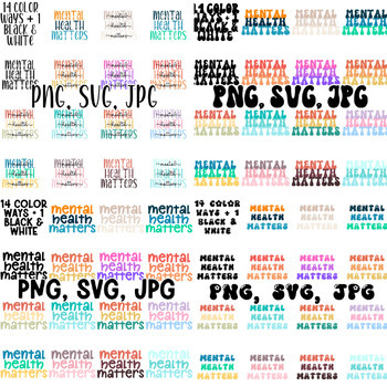 Preview of 60 Mental Health Matters PNG, SVG, JPG Digital Files Bundle for Shirts, Stickers