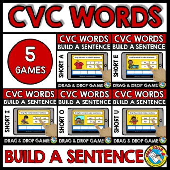 Preview of CVC WORD SCRAMBLED SENTENCE BUILDING ACTIVITY BOOM CARDS DIGITAL GAMES 1ST GRADE