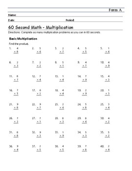 Preview of 60 Second Math Basic Multiplication Problems (minute math) ANSWER KEY INCLUDED