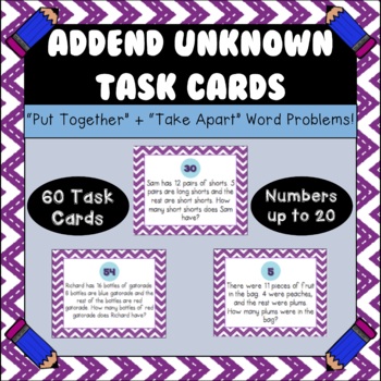 Preview of 60 Addition/Subtraction Word Problem Task Cards - Addend Unknown - #'s Up to 20