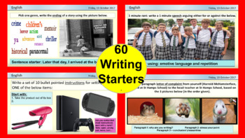 Preview of 60 WRITING WARM UPS/ BELL RINGERS -for English & literacy.