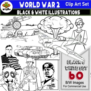 Preview of 60 World War 2 Clip art Images Black and White Set High Resolution PNG