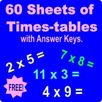 Preview of 60 multiplication tables, times tables, worksheets, quizzes with answers. V5
