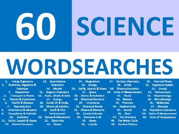 Preview of 60 x Starter Wordsearches Science Chemistry Physics Biology Wordsearch