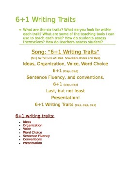 Preview of 6+1 Writing Traits, song, information, informal assessments, and resources