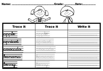 62 names of fruits cursive handwriting practice worksheets distance learning