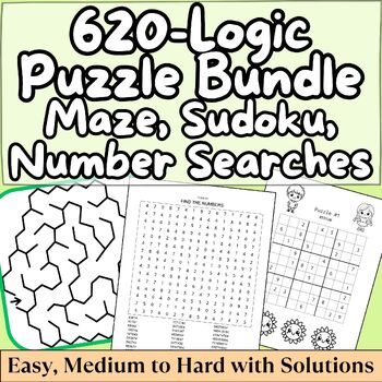 Preview of 620-Logic Puzzle Bundle with Solutions, Mazes, Sudoku, and Number Searches