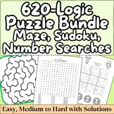 620-Logic Puzzle Bundle with Solutions, Mazes, Sudoku, and