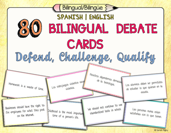 Preview of 80 Bilingual Spanish/English Debate Cards: Defend, Challenge, Qualify