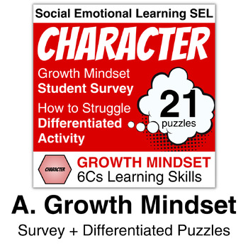 Preview of 6Cs Character A: Student Growth Mindset Survey | Differentiated Puzzles | SEL