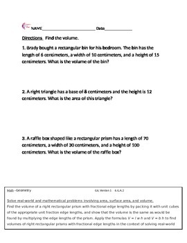 6.G.A.2 Geometry Word Problems 6th Grade Common Core Math Worksheets