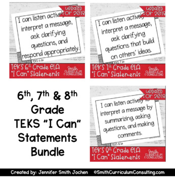 Preview of 6th, 7th, & 8th Grade ELA TEKS I Can Statements - Objective Posters - Standards