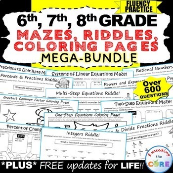 Preview of 6th, 7th, 8th Grade Math MAZES, RIDDLES, COLORING Activities