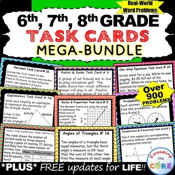 Preview of 6th, 7th, 8th Grade Math TASK CARDS Bundle (Word Problems): end of year