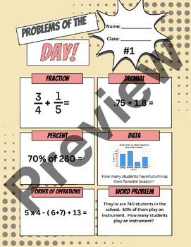 Preview of 6th/ 7th Grade Math First Week Worksheet/ Warms ups