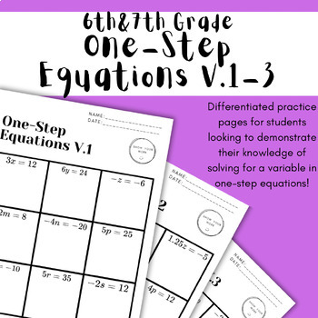 Preview of One Step Equations Worksheet Bundle - 6th & 7th Grade Middle School Math