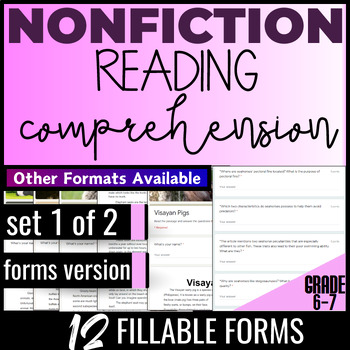 Preview of 6th 7th Grade Nonfiction Reading Comprehension Passages Set 1 of 2 Google Forms