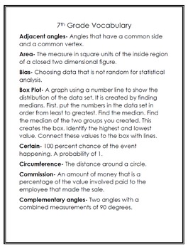 Preview of 6th, 7th and 8th Grade Math Dictionary with Definitions