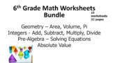 6th Grade 15 Worksheet Bundle - Geometry, Pre-Algebra, Int