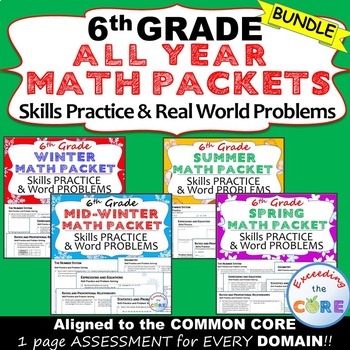 Preview of 6th Grade ALL YEAR MATH PACKETS Bundle {Review/Assessments of Standards}