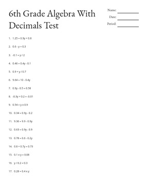 Preview of 6th Grade Algebra With Decimals Test