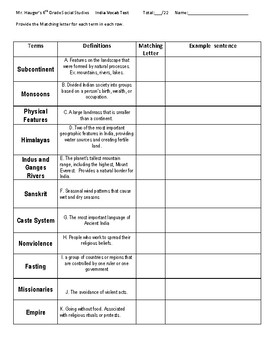 Preview of 6th Grade Ancient India Matching Test or Vocabulary Handout