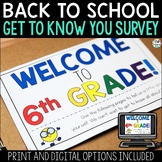 6th Grade Back to School Survey | Get to Know You Activity