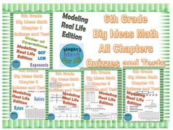 Preview of 6th Grade Big Ideas Math All Chapter Quizzes and Tests Bundle-CC-MRL-Editable