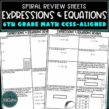 Preview of 6th Grade CCSS Aligned Expressions and Equations Review Sheets